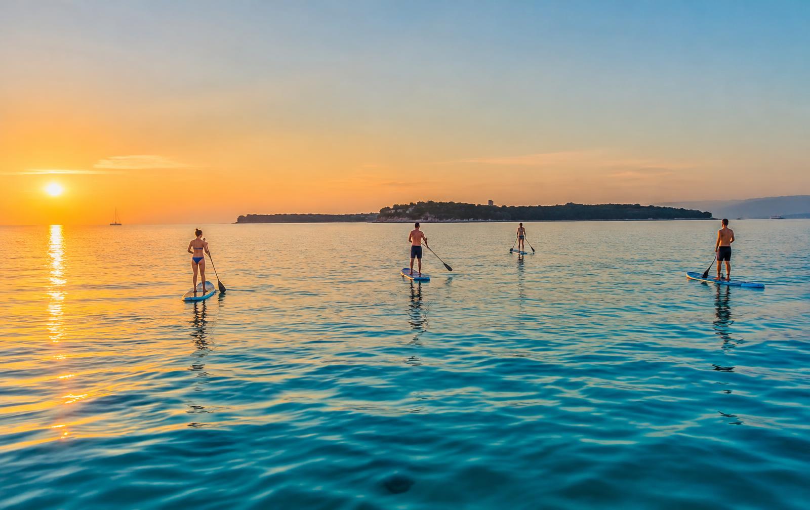 Paddleurs dans une lumière dorée, face aux îles de la baie de Cannes
